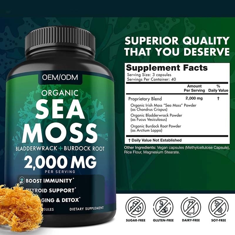 Unflavored het Organische Overzeese Overzees Moss Raw van Moss Capsules Wildcrafted Non GMO 60 Pillen van Gluten Vrije Seamoss