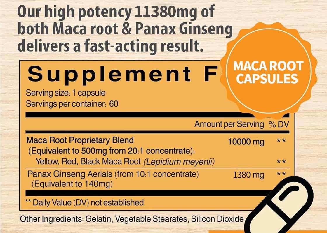 OEM 90 capsules Maca wortel supplement voor mannen ondersteuning van energie stroomverhoging uithoudingsvermogen capsules
