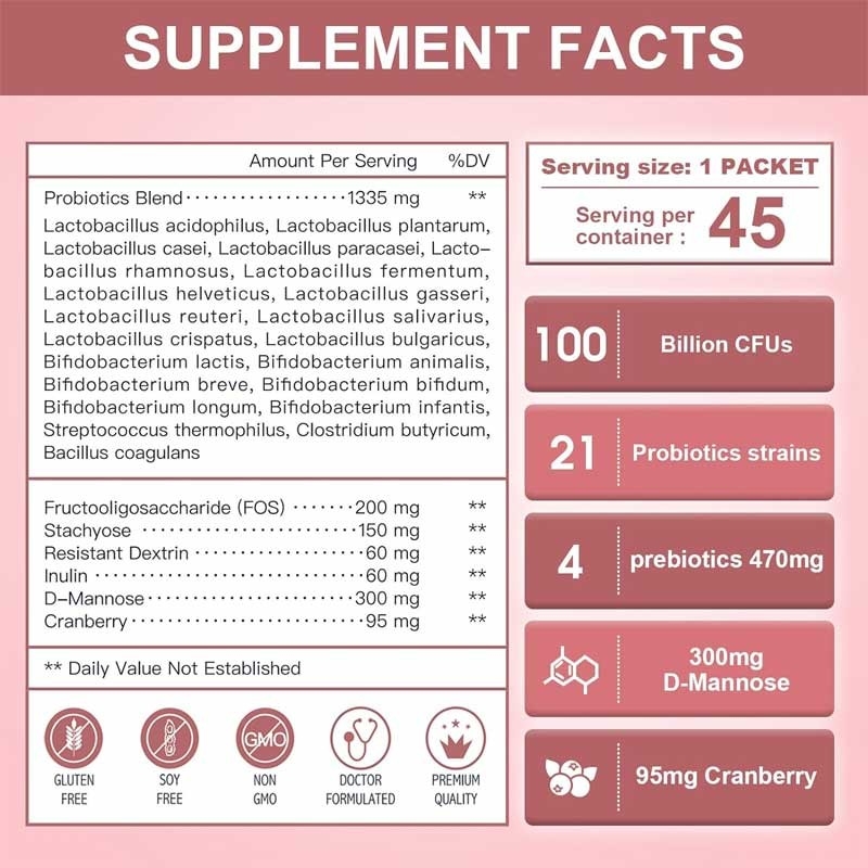 OEM Vrouwen Probiotica Met D-Mannose En Cranberry Voor Urinary Tract Gut Digestive Health Prebiotica En Probiotica Poeder