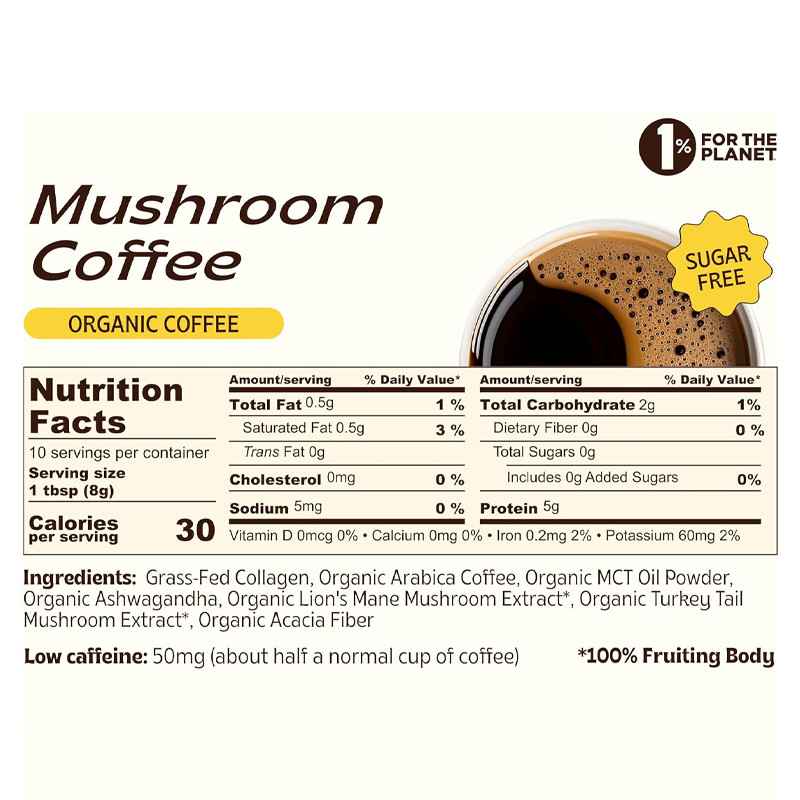 Biologische Instant Mushroom Coffee Met Collageen MCT Olie Vertering Gezondheidssupplement Champignons Koffiepoeder