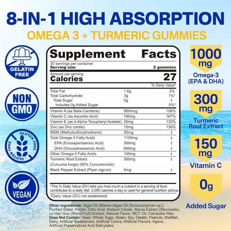 OEM-ondersteuning DHA Vitamine A C E Zink Kurkuma voor volwassenen Omega-3 Vloeibare Gummies