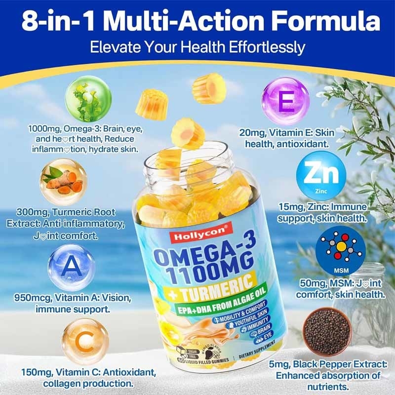 OEM-ondersteuning DHA Vitamine A C E Zink Kurkuma voor volwassenen Omega-3 Vloeibare Gummies