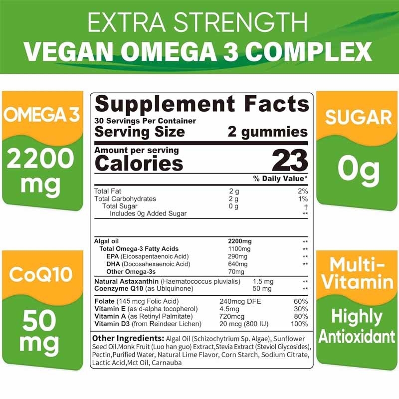 OEM-ondersteuning DHA Vitamine E A D3 voor hersen-ooggewricht Algen Omega-3 2200mg Gummies