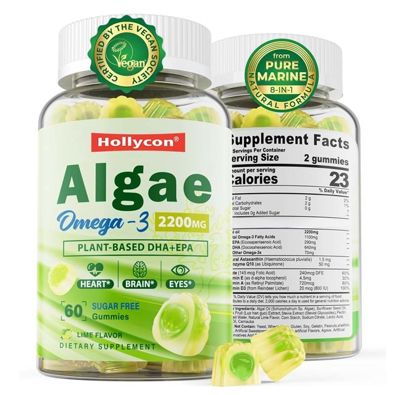 OEM-ondersteuning DHA Vitamine E A D3 voor hersen-ooggewricht Algen Omega-3 2200mg Gummies