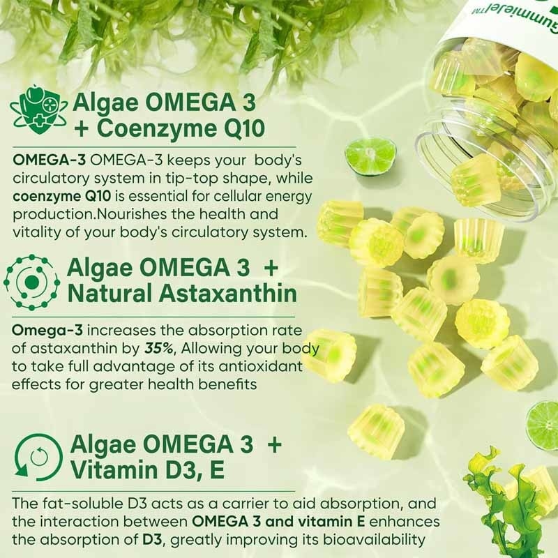 OEM-ondersteuning DHA Vitamine E A D3 voor hersen-ooggewricht Algen Omega-3 2200mg Gummies