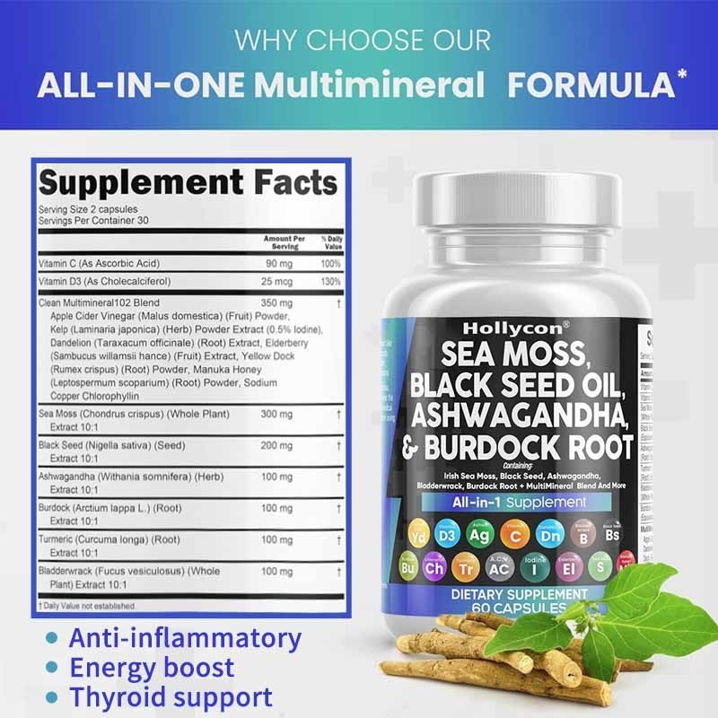 OEM Ashwagandha Kurkuma Vitamine C D3 Voor Volwassenen Zeemogen Zwarte Zaad Olie Capsules