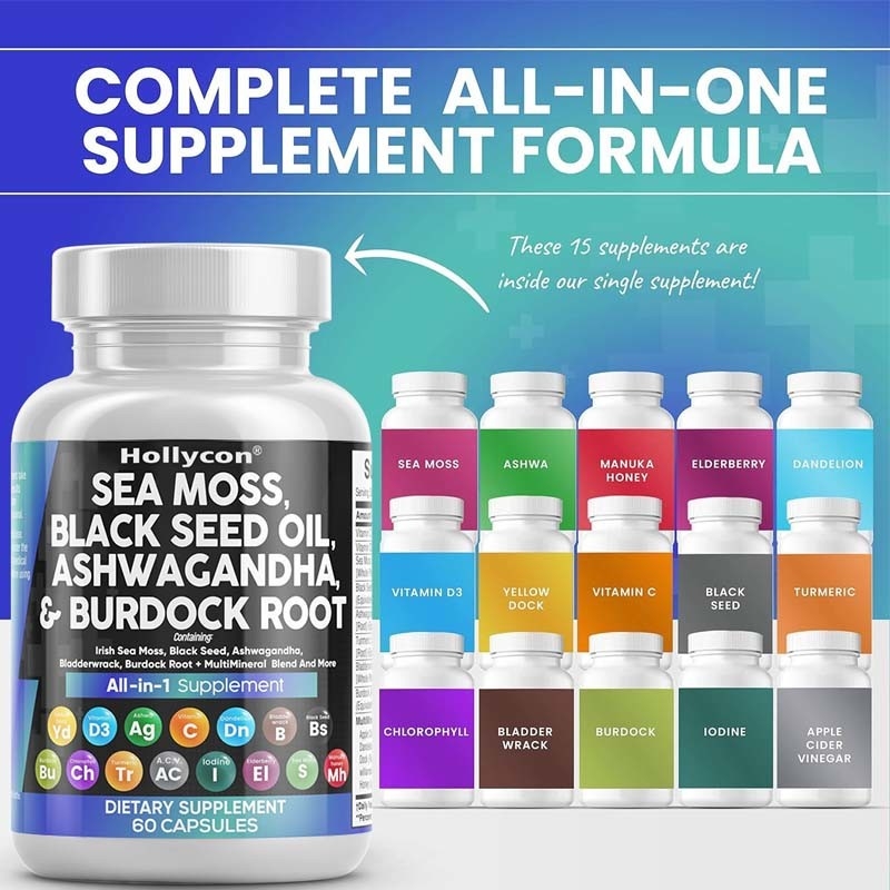 OEM Ashwagandha Kurkuma Vitamine C D3 Voor Volwassenen Zeemogen Zwarte Zaad Olie Capsules