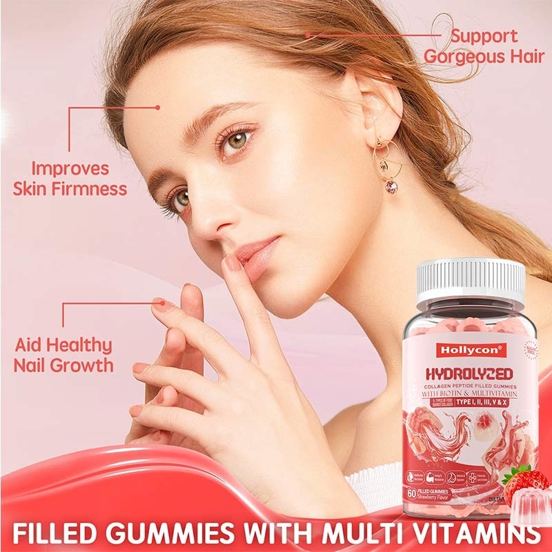 Suikervrij gehydrolyseerd collageenpeptide gevulde gummies eiwitten type I,II,III,V,X met biotine vitamine