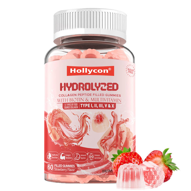 Suikervrij gehydrolyseerd collageenpeptide gevulde gummies eiwitten type I,II,III,V,X met biotine vitamine