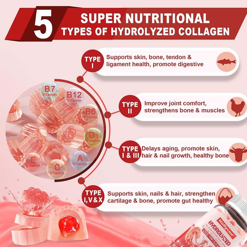 Suikervrij gehydrolyseerd collageenpeptide gevulde gummies eiwitten type I,II,III,V,X met biotine vitamine