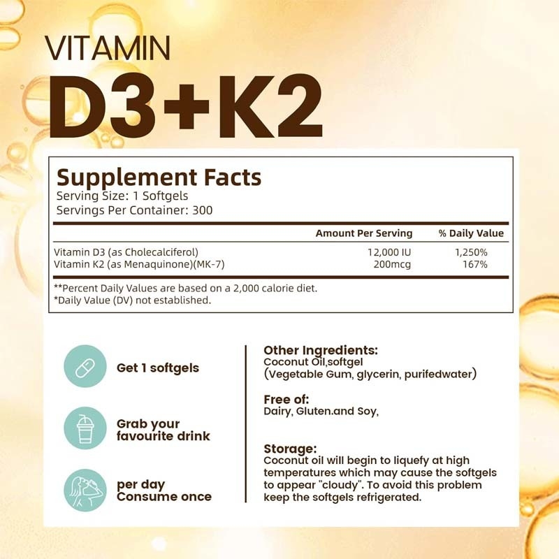 OEM Calcium Absorptie Bot Immuun en Hart Gezondheid Vitamine D3 K2 Kokosolie Softgels