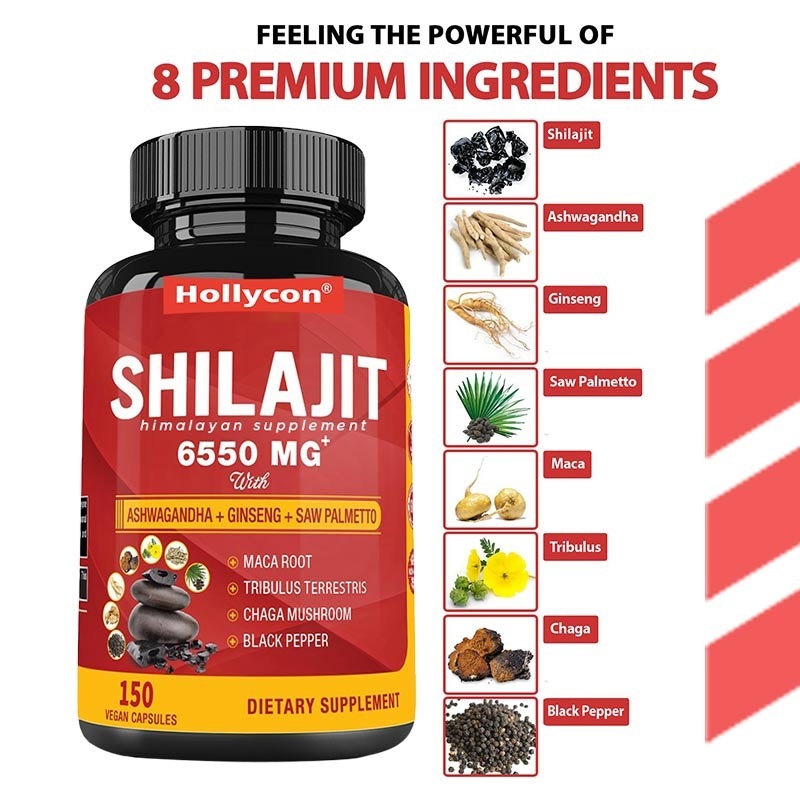 Himalayan Shilajit Supplement Energie en Immuunondersteuning gecombineerd Ashwagandha Ginseng Saw Palmetto Maca