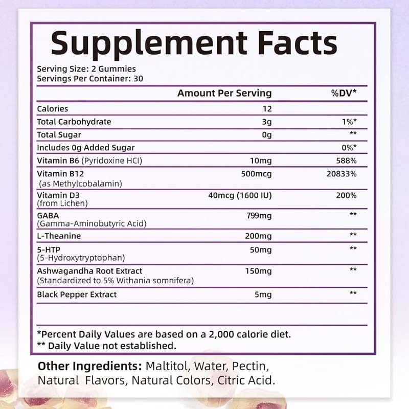 Fabriek GABA met L-theanine 5-HTP Vitaminen D3 B12 Stressverlichting Slaapgummies