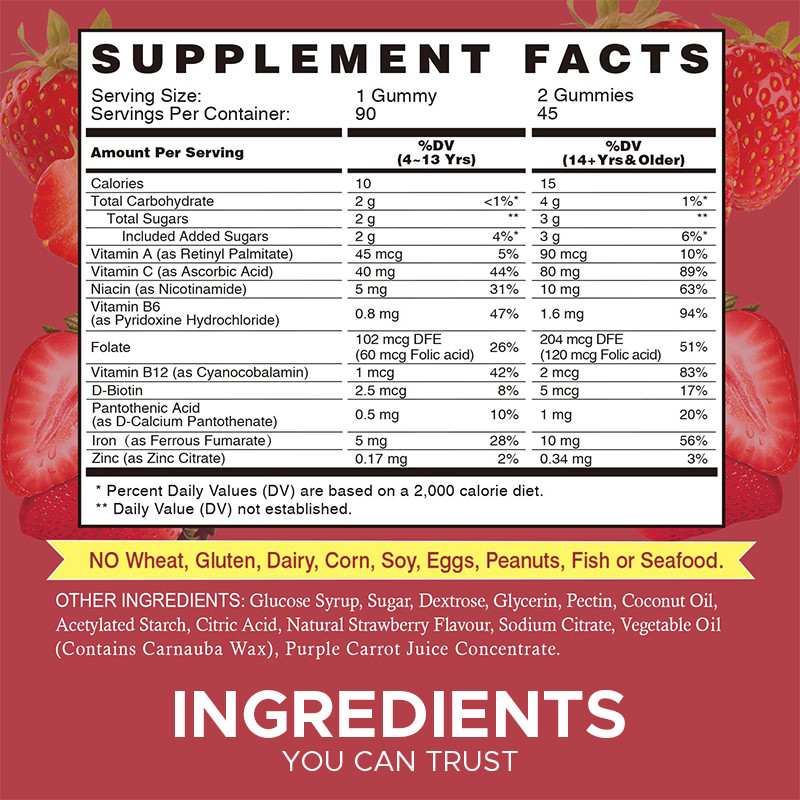 IJzer Vegan Gummies Voor Volwassenen 60mcg Foliumzuur IJzer Gummies Voor Energie Ondersteuning