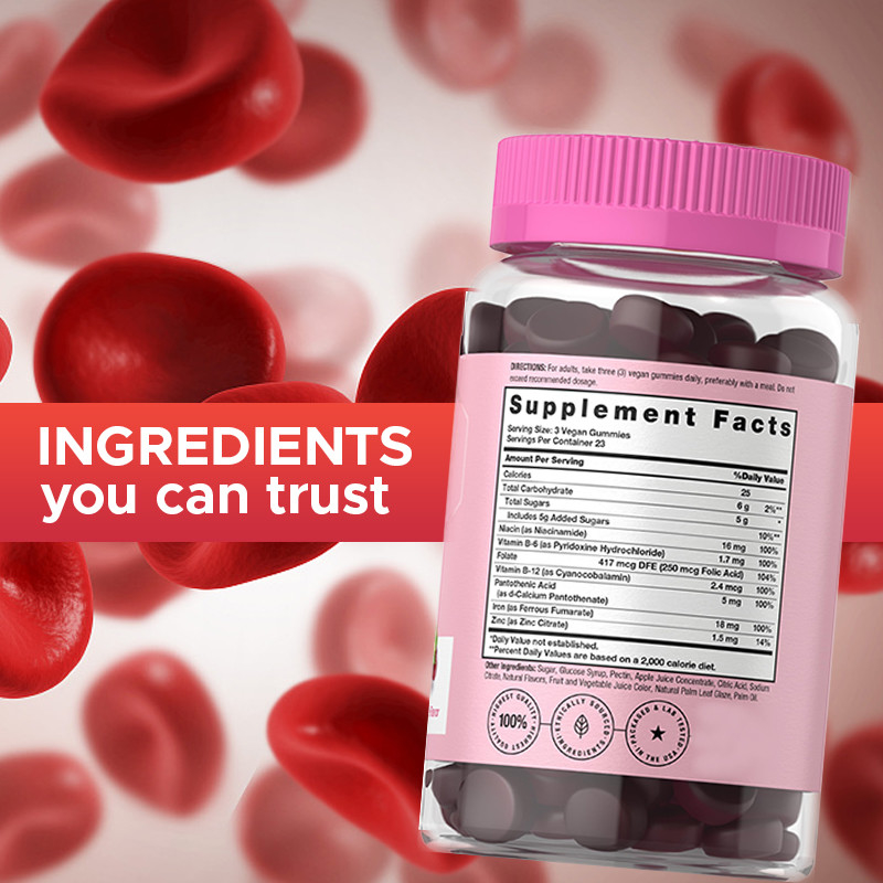 IJzergummies voor vrouwen 250mcg Foliumzuur 18mg IJzer voor de productie van rode bloedcellen