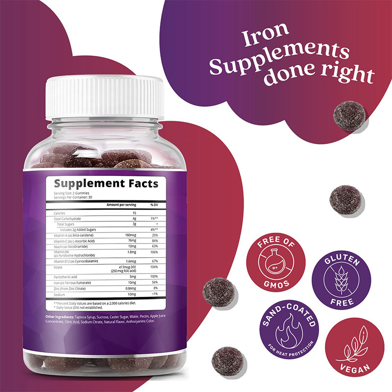 OEM ijzer gummies voor vrouwen 250mcg foliumzuur ijzer gummies voor ijzer ondersteuning