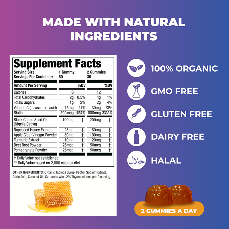 Zwarte zaadolie en honing gummies 200 mg Zwarte zaadolie extract voor immuunondersteuning