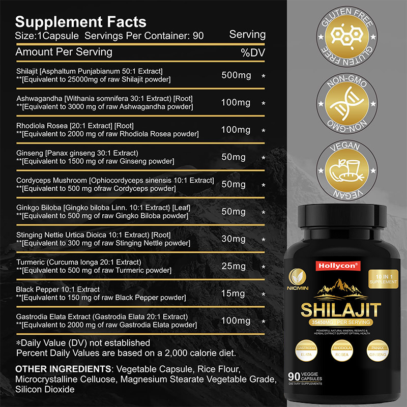 Pure Himalaya organische Shilajit Supplement voor Immuunondersteuning 25000mg Shilajit Capsules