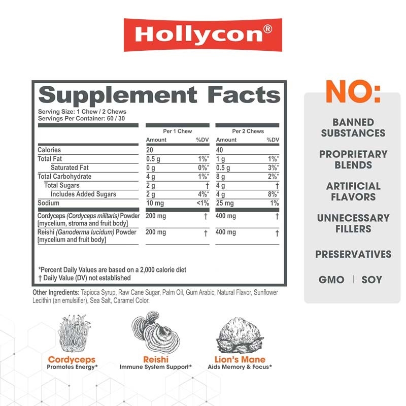 Fabriek Plant Cordyceps Nootropische paddenstoelen Ondersteuning Energie Focus Hersengezondheid Immuniteit Ganoderma Lucidum Paddenstoel Zachte kauwen