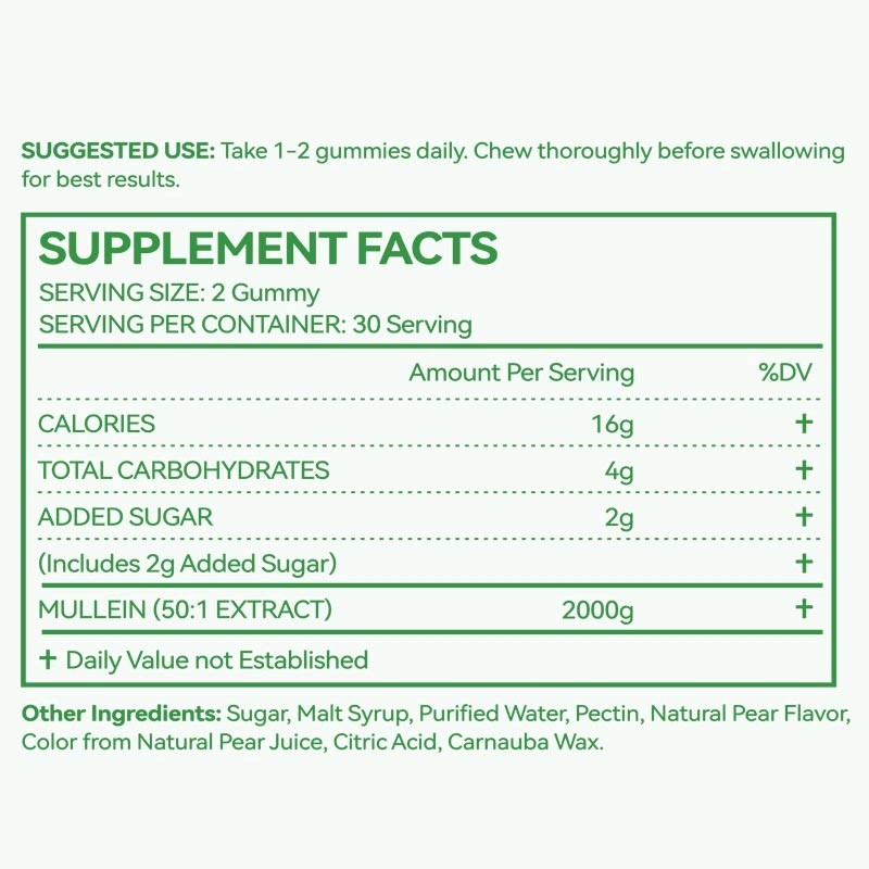 Premium Koningskaarsblad Extract voor Longen, 2000mg Koningskaars Gummies voor Longen Detox, Ondersteuning van Ademhaling, Spijsvertering en Immuunsysteem