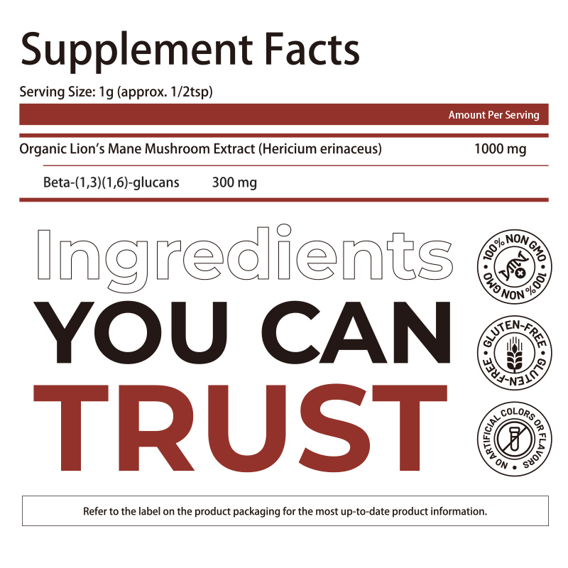 Biologisch leeuwenmane supplement poeder met 100% Fruit Body Extract en 30% Beta-Glucanen voor cognitieve ondersteuning - 150 gram per zak