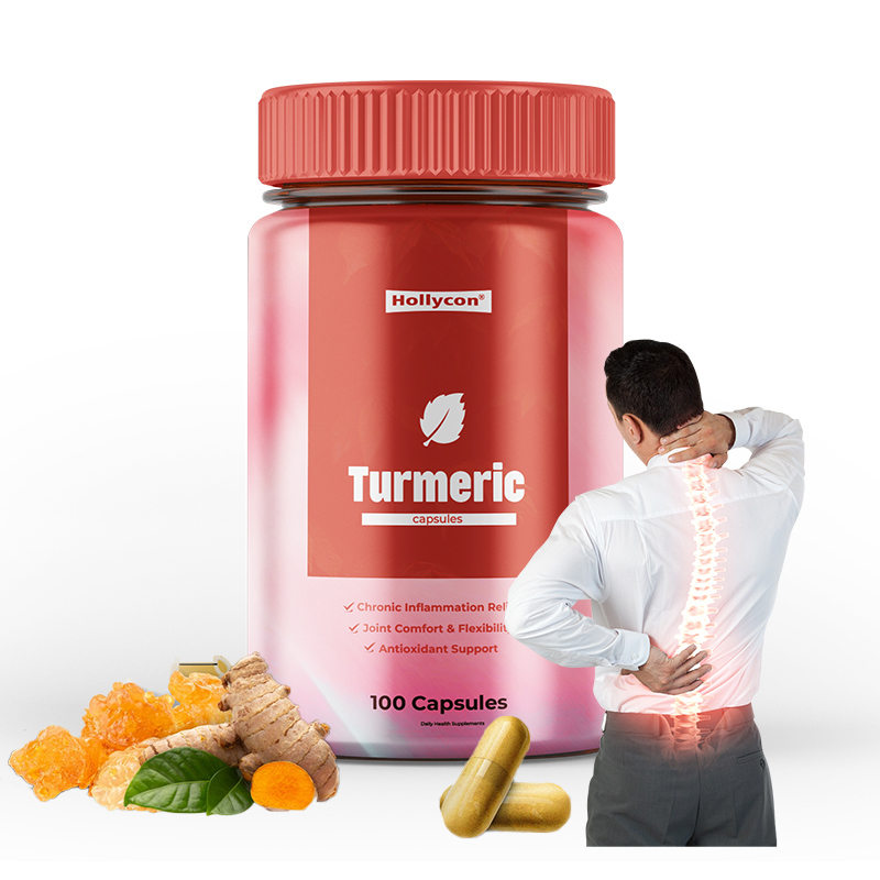 Private label kurkuma capsules met 100 capsules per fles voor spijsverteringsondersteuning en dagelijkse dosis van 3 capsules