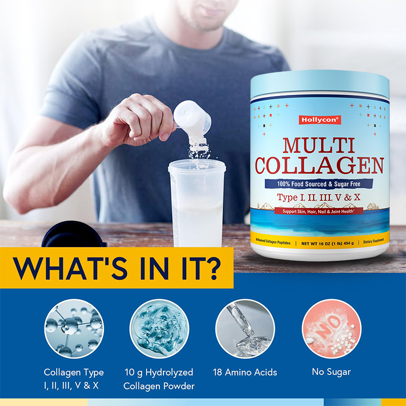 Multi Collageen Peptiden Poeder Type I II III V X Gehydrolyseerd Collageen Supplement 454g Aangepaste 3g Dagelijkse Dosis