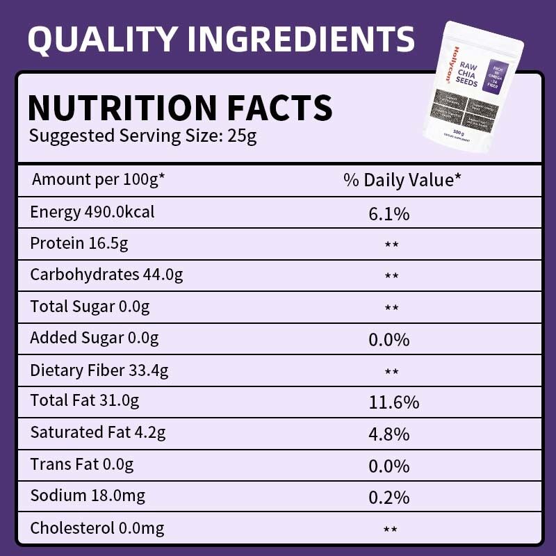 OEM / ODM Chia Zaden 500g, Verpakking van 1 | Zaden om te Eten | Zaden voor Gewichtsbeheersing | Rijk aan Calcium, Eiwitten & Vezels Geen Toegevoegde Suiker, aangepaste Formule