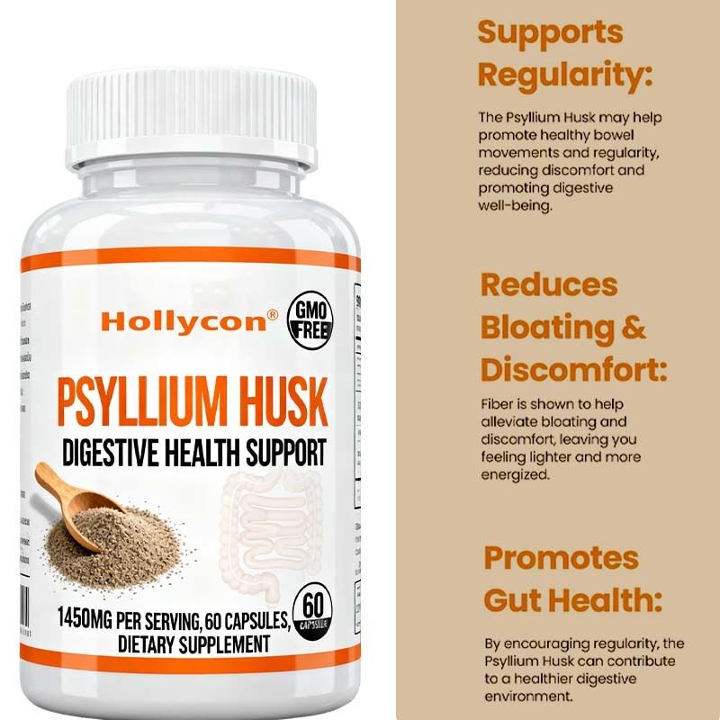 Psyllium Husk Capsules – 60 stuks – Supplement ter ondersteuning van de darmen en dikke darm – Bevordert de spijsvertering en regelmaat – Non-GMO, formule met veel vezels Private Label, OEM beschikbaar, Fabrieksprijs