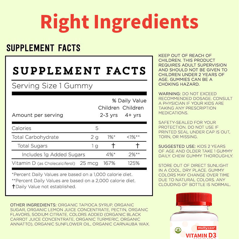 OEM Biologische Kinderen Vitamine D3 Vitamine D3 Supplement Gummy Bot- en Immuungezondheid Vitamine D3 Gummies