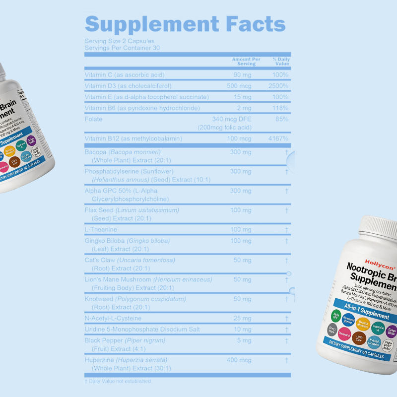 OEM Nootropic Brain Supplement met Alpha GPC, Phosphatidylserine & Bacopa Monnieri ondersteunt geheugen & focus cognitief & humeur