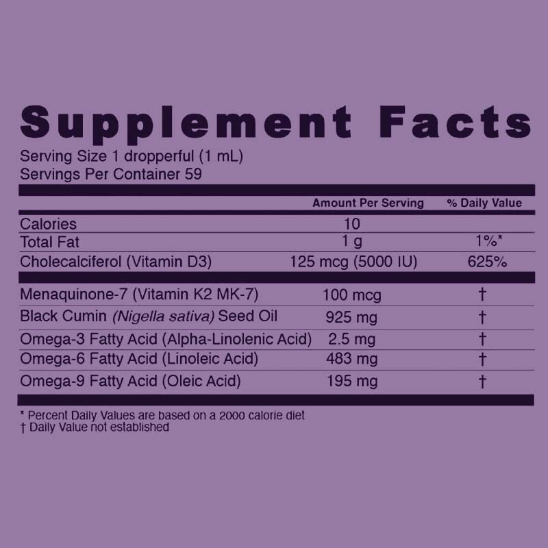 OEM/ODM aangepaste zwarte zaadolie vloeibare druppels met vitamine D3 K2 & E Ondersteunt de gezondheid van het immuunsysteem en de botten, de darmgezondheid, antioxidant