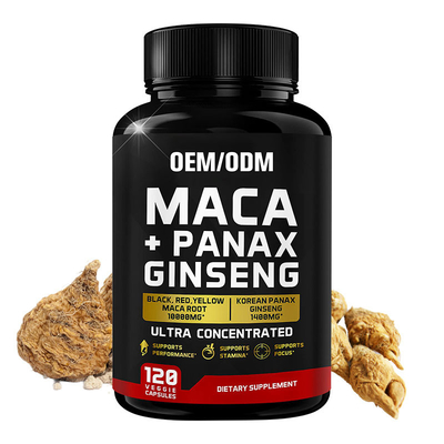 Aangepaste 10000mg Zwart Rood Geel Maca Wortel Supplement Panax Ginseng Capsules