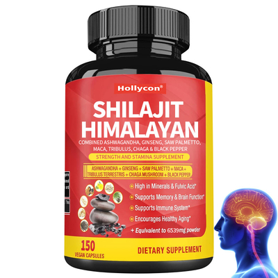 Shilajit Himalayan capsules gecombineerd Ashwagandha Ginseng Saw Palmetto Maca Tribulus Chaga & Zwarte Peper